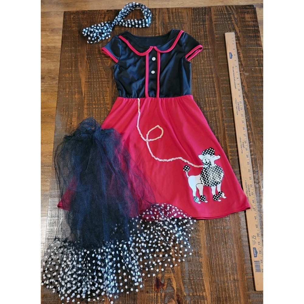 3 PC Red 50's Poodle Skirt Dress outfits Girls Size Medium 6/8 Costume Halloween